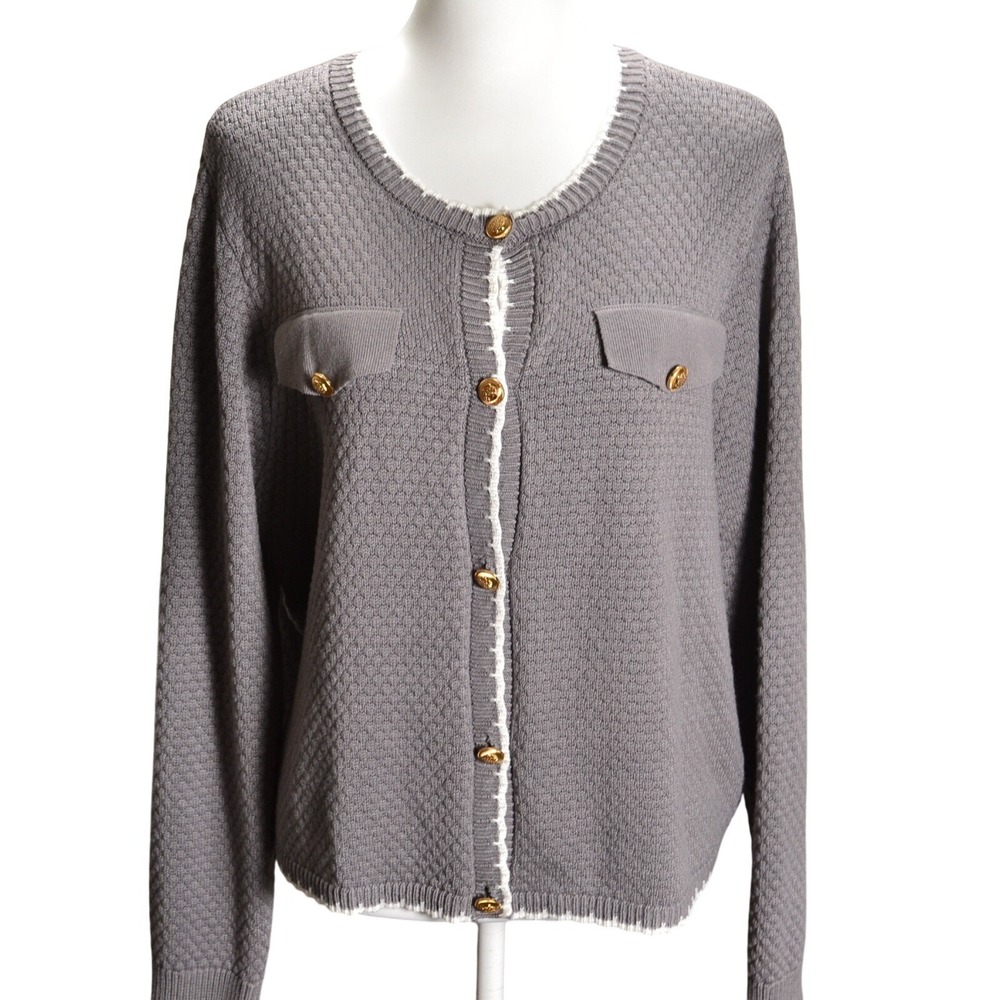 Grace Karin Textured Knit Cardigan Gray Gold Button Classic Sweater Jacket‎ Gray